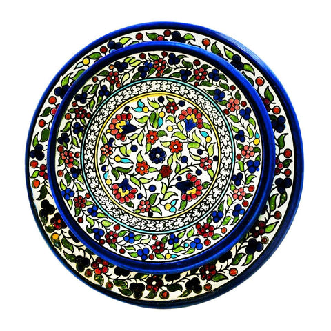 6.5 , 8.5 , 10.75 inch diameter Floral Cobalt Blue Red Green Turquoise Yellow White Glazed Plates. Hebron Ceramic