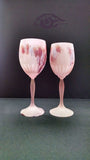 Set of 2 Goblets with Spear shaped cuts on cup base. Permanent Baby Pink base Splashed Red Stains. Church bell Cheer sound Crystal stemware. Nouveau Glass Hebron Art
