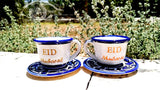 Ramadan Decorations ; Turkish Coffee cups and saucers ; Glazed Ceramic mugs with Eid Mubarak Quotes. Blue, Red, Yellow, Green and White. A Colorful variety options on Floral Patterns and Rims.