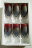 Set of 6 Steel Blue Melon red Rimmed Tulip Shaped stemware cups, GIFT PACKAGED and protected inside their white compartmented foam box. Hebron Nouveau Reuven Glass Art.