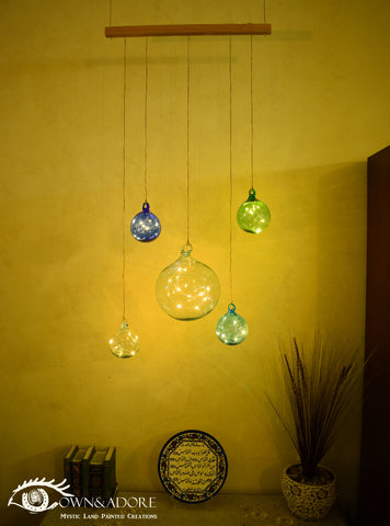 5 Blown Glass Ramadan Deco LED Crescent Chandelier of 7 inch and smaller Colorful INSIDE OUT Memory Blown Royal Blue, Green, Turquiose, Clear Glass Balls Orbs with LED Crescent inside.