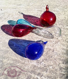 longdesc="Transparent Cobalt Blue Blown Glass Ball Tear Drop, Mystic Land Painted Creations, Hanging glass Droplet, Christmas Tree decorations, 7 inch height , 5 inch and 3 inch, Sun Catcher, Drop shaped Blue glass - Hebron Blown Glass "