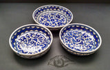 Set of 3 Shallow Ceramic Bowls - Blue White Flower Hour Glazed Floral Ceramic Bowls ; Palestinian pottery and ceramic ; Own&Adore Mystic Land Painted Creations