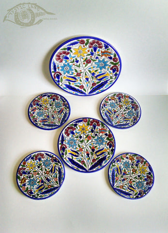 Turquoise Yellow Blue Red flat Glazed Ceramic Plates - Set of 6 glazed colorful ceramic plates Palestinian handmade Eid serving ware