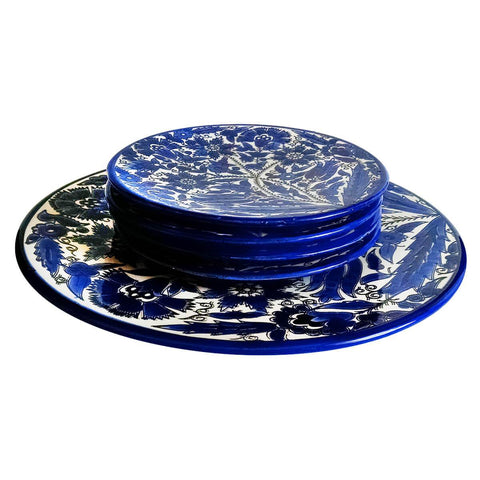 Set of 5 Cobalt Blue White Floral Plate Palestinian Arts