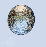 Pierced hanging Ceramic Wall Plates - Colorful Teleido Dance - Red yellow dark blue & light blue colorful teleidoscope patterns on glazed earthenware ceramic flat plates. Own&Adore Mystic Land Painted Creations. Eid Decorations. Palestinian pottery art and ceramic