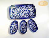 Ramadan Serving and Eid Decorations ; Blue and White Serving stadium shaped tray plate and three oval plates Set , Palestinian handmade painted Ceramic ware