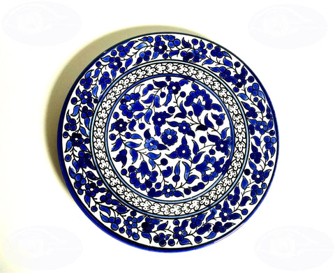 Floral Patterns on Collar Plates ~ Set of 9 Navy Blue & White Glazed Collar Plates - Palestinian Ceramics