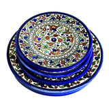 Set of 6 6.5 , 8.5 , 10.75 inch diameter Floral Cobalt Blue Red Green Turquoise Yellow White Glazed Plates. Hebron Ceramic