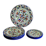 Set of 7 6.5 , 8.5 , 10.75 inch diameter Floral Cobalt Blue Red Green Turquoise Yellow White Glazed Plates. Hebron Ceramic