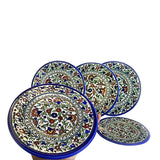 Held shining in hand 6.5 , 8.5 , 10.75 inch diameter Floral Cobalt Blue Red Green Turquoise Yellow White Glazed Plates. Hebron Ceramic
