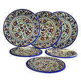 Set of 6 6.5 , 8.5 , 10.75 inch diameter Floral Cobalt Blue Red Green Turquoise Yellow White Glazed Plates. Hebron Ceramic