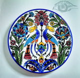 Valentine gift , House warming gifts for newly wedded married couples. Ceramic Plates - Peacocks - Palestinian paintings and decorations ; blue yellow red green and black glazed ceramic corner and wall plates.