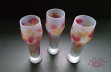 Nouveau Rueven Hebron Glass Art. 3 baby blue tall glass cups splashed with blush pink and creamy yellow drippings and spots. 