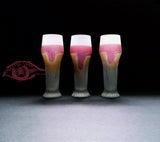 Tall Golden Ruby Amber Periwinkle glass pints -Own&Adore Mystic Land Painted Creations - Interior Glass Designs on lit Glass Shelves -  Lead Crystal Glassware - Wedding Glasses - Nolan's Promise - US flag colors red blue & white colors on Golden Brown resembling Earth  juice glasses - Best Gift for Veteran - Best gift for men. 