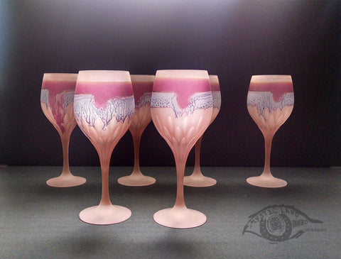 Jupiter Rings  ALL PURPOSE Feathered shaped cuts patterns at cup base, and thin stem with fat cup. HEBRON GLASS ART PINK STEMWARE Set of 6. New Vintage Style  Rueven Nouveau Art Glass Wedding Party Essentials. Own&Adore