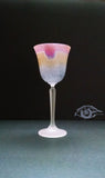 Fancy Stemware Glasses suitable for Groom and Bride ~3 transparent colors in one Cone shaped footed Glass Magenta Red Rim followed by Light Golden Yellow, followed by Light Silver , followed by Transparent white angled Stem or so called foot~ The surface magically shimmers.  Colored Lead Crystal Stemware - Named Heart - Own&Adore Mystic Land Painted Creations ~ Hebron Glass