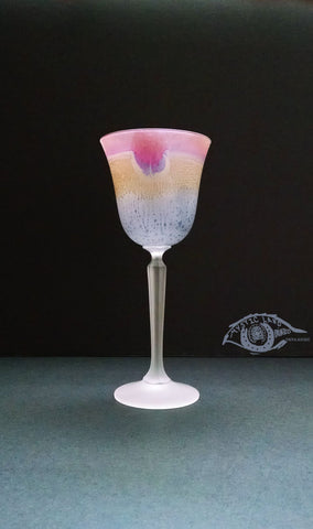 Fancy Stemware Glasses suitable for Groom and Bride ~3 transparent colors in one Cone shaped footed Glass Magenta Red Rim followed by Light Golden Yellow, followed by Light Silver , followed by Transparent white angled Stem or so called foot~ The surface magically shimmers.  Colored Lead Crystal Stemware - Named Heart - Own&Adore Mystic Land Painted Creations ~ Hebron Glass