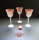 Interior Glass Designs ; Best fit for Lit Glass Shelves ~ Lead Crystal Fancy Stemware Glasses suitable for Groom and Bride ~3 transparent colors in one Cone shaped footed Glass Magenta Red Rim followed by Light Golden Yellow, followed by Light Silver , followed by Transparent white angled Stem or so called foot~ The surface magically shimmers.  Colored Lead Crystal Stemware - Named Heart - Own&Adore MysticLandPainted Creations ~ Hebron Glass