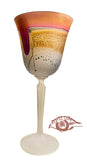 Interior Glass Designs ; Best fit for Lit Glass Shelves ~Stained Lead Crystal Immensely Shimmering Velvety Golden Shine.  Lead Crystal Fancy Stemware Glasses suitable for Groom and Bride ~3 transparent colors in one Cone shaped footed Glass Magenta Red Rim followed by Light Golden Yellow, followed by Light Silver , followed by Transparent white angled Stem or so called foot~ The surface magically shimmers.  Colored Lead Crystal Stemware - Named Heart - Own&Adore MysticLandPainted Creations ~ Hebron Glass