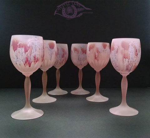 Set of 6 Goblets with Spear shaped cuts on cup base. Permanent Baby Pink base Splashed Red Stains. Church bell Cheer sound Crystal stemware. Nouveau Glass Hebron Art
