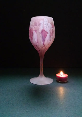 Lead Glass Cut Crystal Stemware - Love Streams ~ Frost Painted with a Light Pink Background and Splashes of Magenta. Best Interior Design with Light & glass Shelves. Own&Adore Mystic Land Painted Creations.