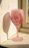 Lead Glass Cut Crystal Stemware - Love Streams ~ Frost Painted with a Light Pink Background and Splashes of Magenta. Best Interior Design with Light & glass Shelves. Own&Adore Mystic Land Painted Creations.