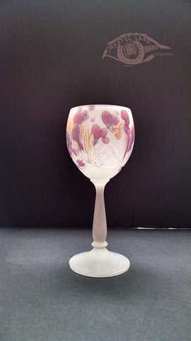 longdesc="Sunset Star ~Personalized Crystal Cordial Glass Goblet - 1 or more Creamy glass color overall, splashed with Magenta and Golden shiny golden tints. Colored Cut Lead Crystal Stemware Glasses - Own&Adore Mystic Land Painted Creations - Palestinian Stained Glass Art"