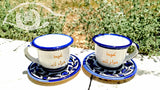 Ramadan Decorations ; Turkish Coffee cups and saucers ; Glazed Ceramic mugs with Eid Mubarak Quotes. Blue, Red, Yellow, Green and White. A Colorful variety options on Floral Patterns and Rims.
