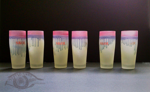 longdesc="Palestinian Art - set of 6 Stained Glass Tumblers - Drips ; SKOL Brand glass cups . Color : Lime background and pink dripping rim with overall golden shimmering splash - Colorful Juice Sets - Personalized unique Wedding Glass cups - Hebron Glass"