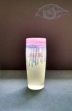 longdesc="Palestinian Art - set of 6 Stained Glass Tumblers - Drips ; SKOL Brand glass cups . Color : Lime background and pink dripping rim with overall golden shimmering splash - Colorful Juice Sets - Personalized unique Wedding Glass cups - Hebron Glass"
