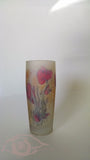longdesc="Palestinian Art - set of 6 Stained Glass Tumblers ; Off white background and red and golden shimmering splashes - Colorful Juice Sets - Personalized unique Wedding Glass cups - Hebron Glass"