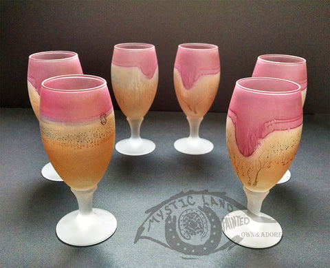 Shimmering Red Rim Bronze Tulip Shaped Footed Glass Cups ; Hebron Glass