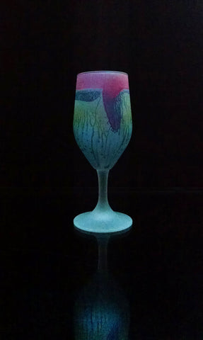 Lipstick Love Blues. A Permanent melon pink rimmed Tulip shaped glass stemware; Steel Blue body, splashed with Rings of Yellow, dark blue. Hebron Nouveau Reuven Glass Art.