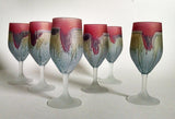 Set of 6  Permanent melon pink rimmed Tulip shaped glass stemware; Steel Blue body, splashed with Rings of Yellow, dark blue. Hebron Nouveau Reuven Glass Art.