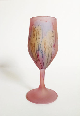 Own&Adore Mystic Land Painted _ Love Streams drinking glass Tulips have a frosted body Stained with a Velvety Blush base, and splashed with streams of steel blue, yellow and dark Pink. The Coloring Pigment and the Frost, are a permanent part of the atomic structure of the glass. Lights up with Light ...a Shimmering Elegance.