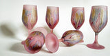 Own&Adore Mystic Land Painted _ Love Streams drinking glass Tulips have a frosted body Stained with a Velvety Blush base, and splashed with streams of steel blue, yellow and dark Pink. The Coloring Pigment and the Frost, are a permanent part of the atomic structure of the glass. Lights up with Light ...a Shimmering Elegance.