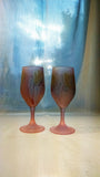 Own&Adore Mystic Land Painted Wedding Glasses _ Love Streams drinking glass Tulips have a frosted body Stained with a Velvety Blush base, and splashed with streams of steel blue, yellow and dark Pink. The Coloring Pigment and the Frost, are a permanent part of the atomic structure of the glass. Lights up with Light ...a Shimmering Elegance.