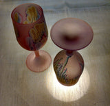 Own&Adore Mystic Land Painted _ Love Streams drinking glass Tulips have a frosted body Stained with a Velvety Blush base, and splashed with streams of steel blue, yellow and dark Pink. The Coloring Pigment and the Frost, are a permanent part of the atomic structure of the glass. Lights up with Light ...a Shimmering Elegance.