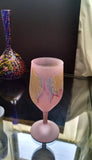Own&Adore Mystic Land Painted _ Love Streams drinking glass Tulips have a frosted body Stained with a Velvety Blush base, and splashed with streams of steel blue, yellow and dark Pink. The Coloring Pigment and the Frost, are a permanent part of the atomic structure of the glass. Lights up with Light ...a Shimmering Elegance.