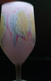 Own&Adore Mystic Land Painted _ Love Streams drinking glass Tulips have a frosted body Stained with a Velvety Blush base, and splashed with streams of steel blue, yellow and dark Pink. The Coloring Pigment and the Frost, are a permanent part of the atomic structure of the glass. Lights up with Light ...a Shimmering Elegance.